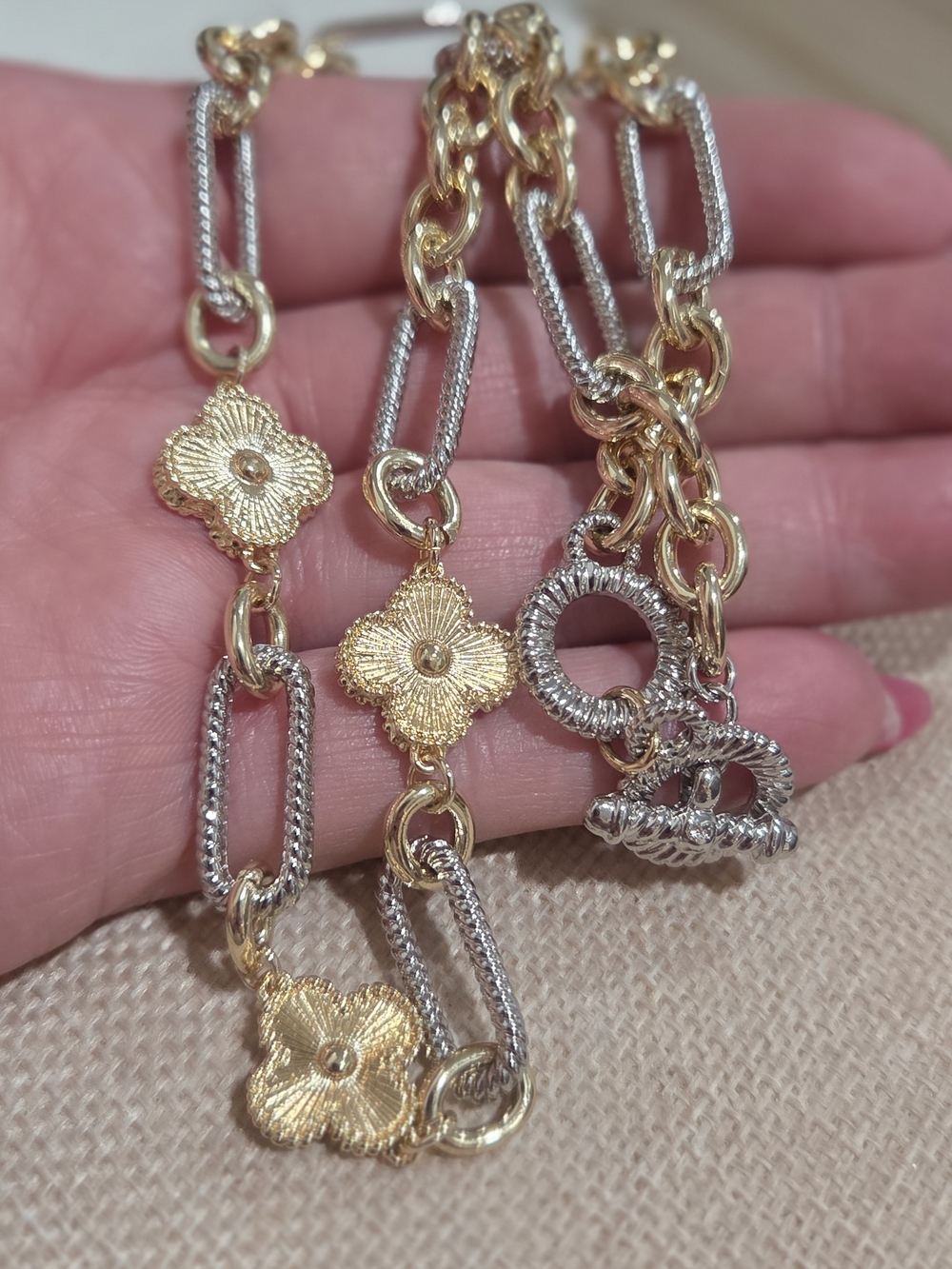 Two-Tone Gold and Silver Floral Link Necklace - Picture 5 of 5